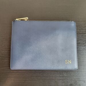 NWT tde. Leather Slim Pouch Clutch Navy Gold Monogrammed SN